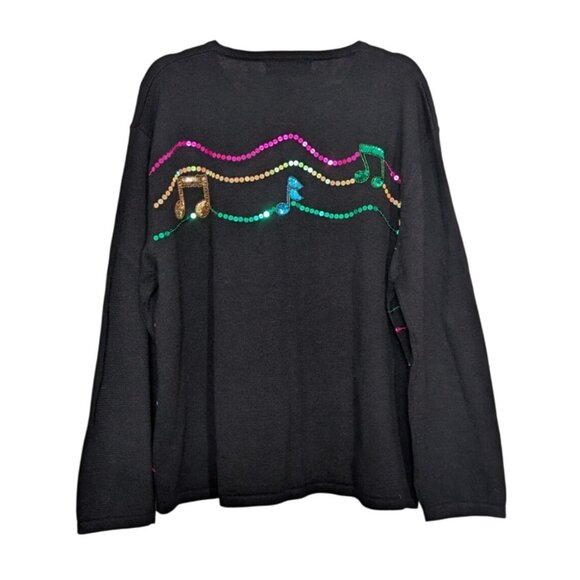 Terazzo Sequin Music Notes Cardigan Womens Size XL Black Vintage Sweater - Picture 6 of 10